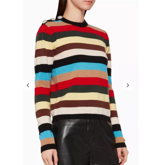 GANNI Cashmere Stripe Sweater XS w/ Crystal Buttons Preppy Chic Quiet Luxury - Picture 2 of 10